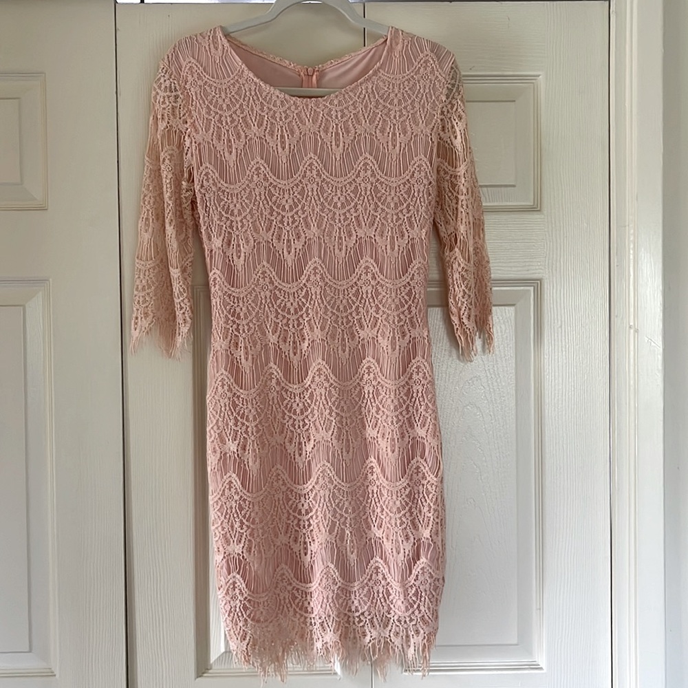 Light pink quarter sleeve lace mini dress